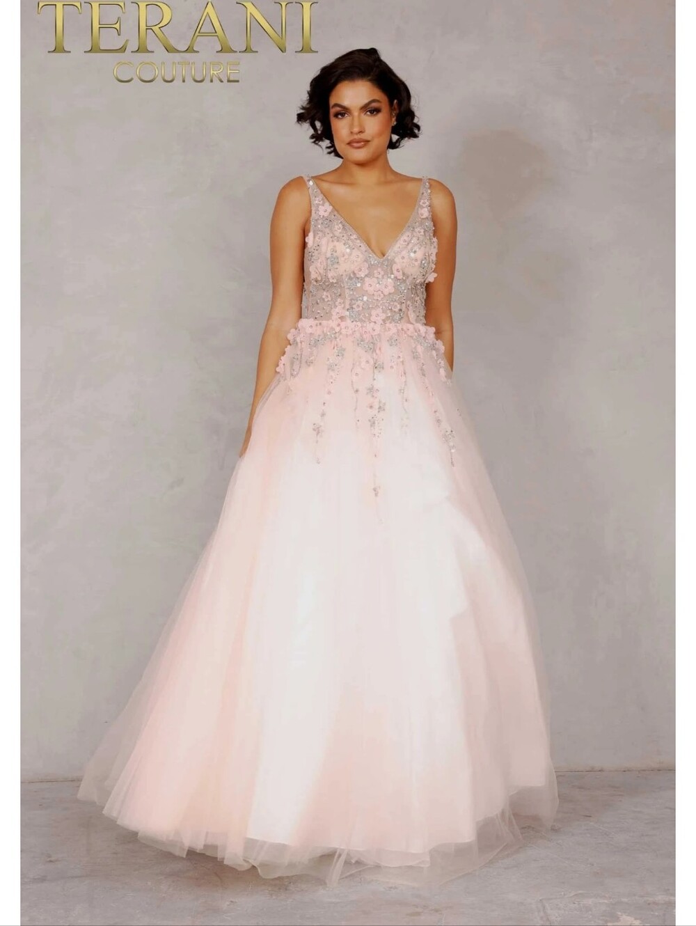 Terani Couture Blush Embellished V-Neck Tulle Ball Gown 2215p0033